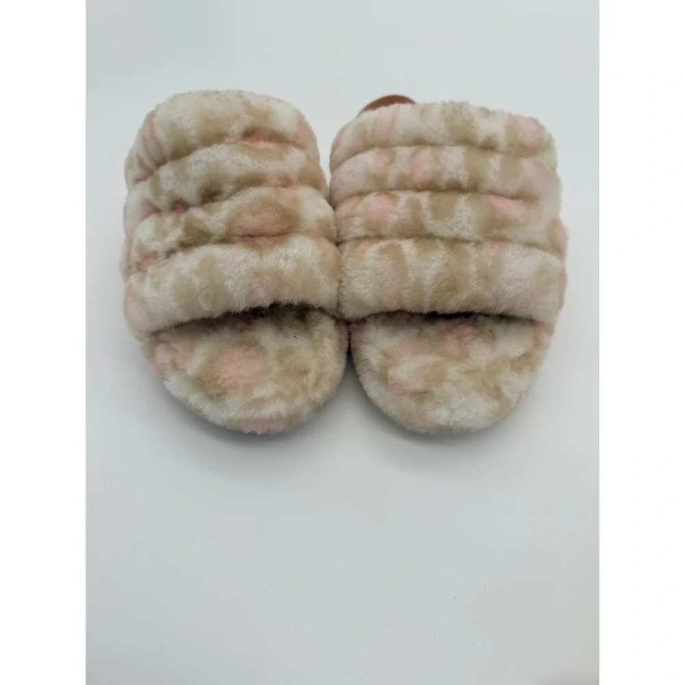 UGG Kids Fluff Yeah Leopard Tan Pink Sheepskin Slide Sandals Size 5Y